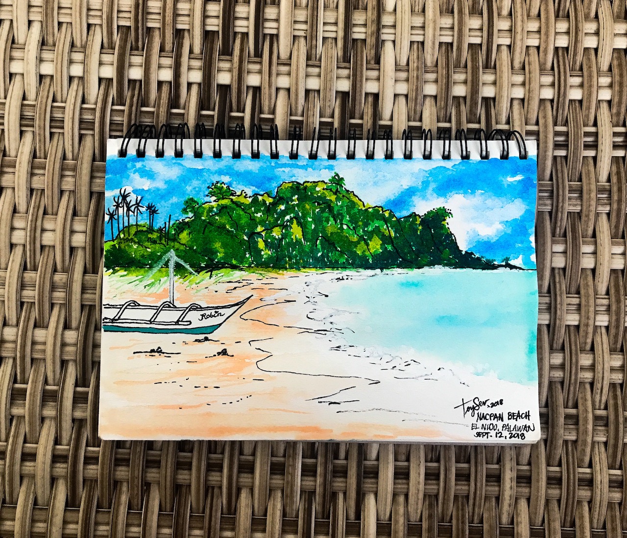 painting palawan philippines el nido nacpan beach sailboats watercolor painting 003