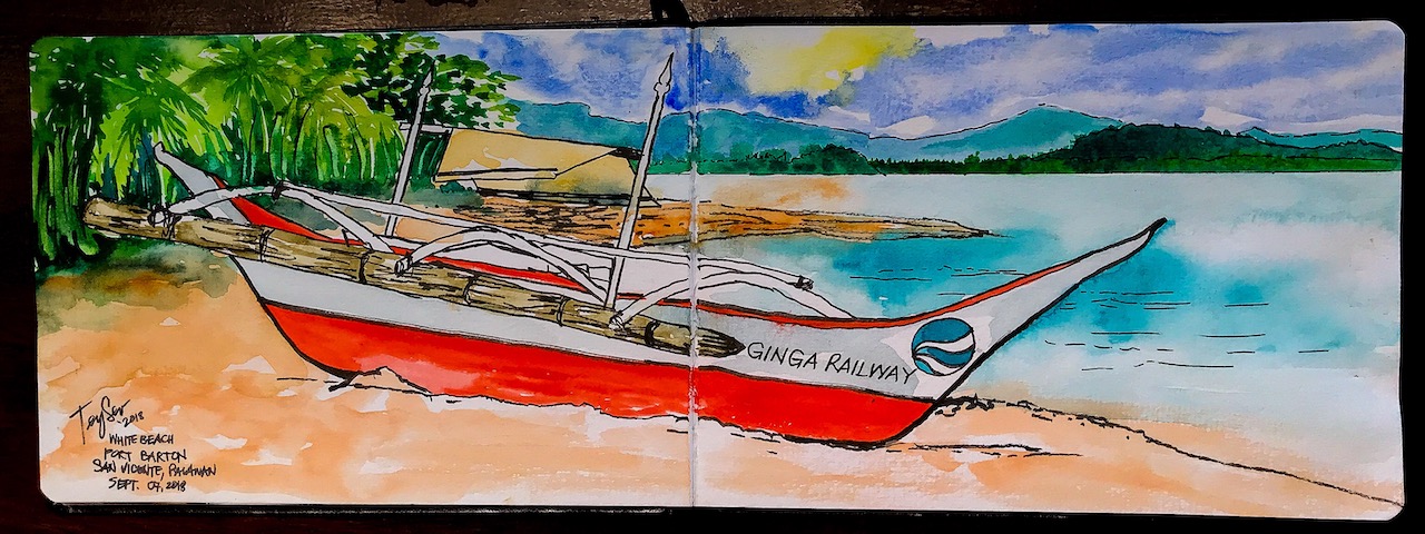 painting palawan philippines sunsets watercolor painting port barton san vicente white beach resort 002